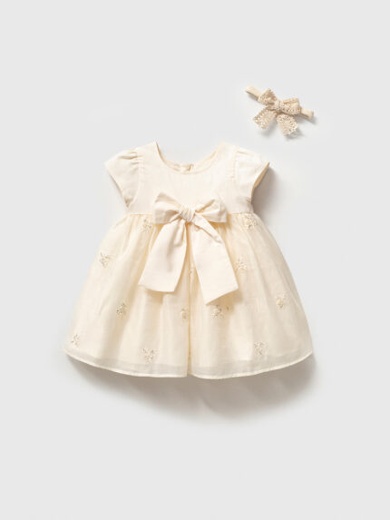 Fiyonklu ve Taş Detaylı Kız Bebek Elbise 9-24 Ay