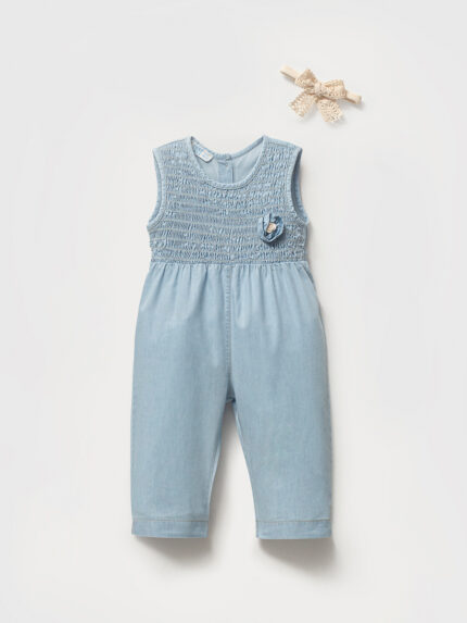 Kız Bebek Kot Jumper Tulum ve Dantel Bandana Takımı 9-24 Ay