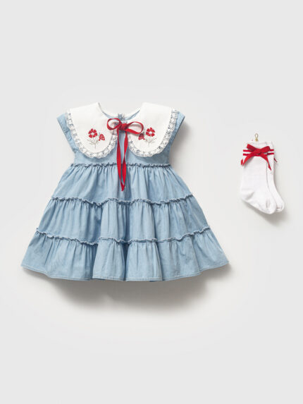Kız Bebek Kot Jile Elbise - Nakışlı Yakalı ve Çorap Setli 9-24 Ay